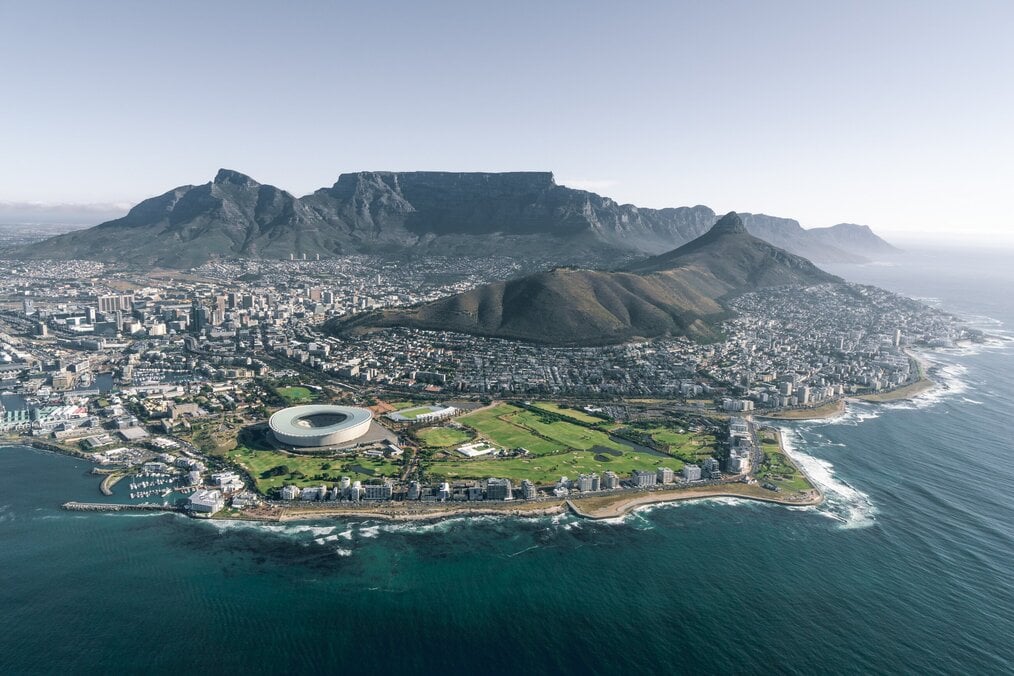 A drone photo of the city of Cape Town in South Africa.